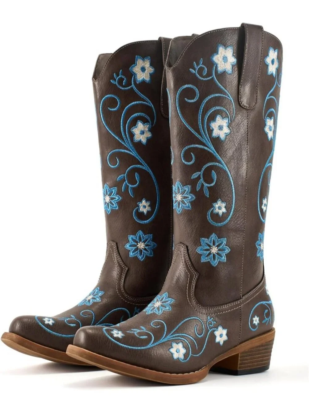 Women's Blue Brown Mid Calf Western Chunky Heel Stitched Embroidery Cowgirl Boot